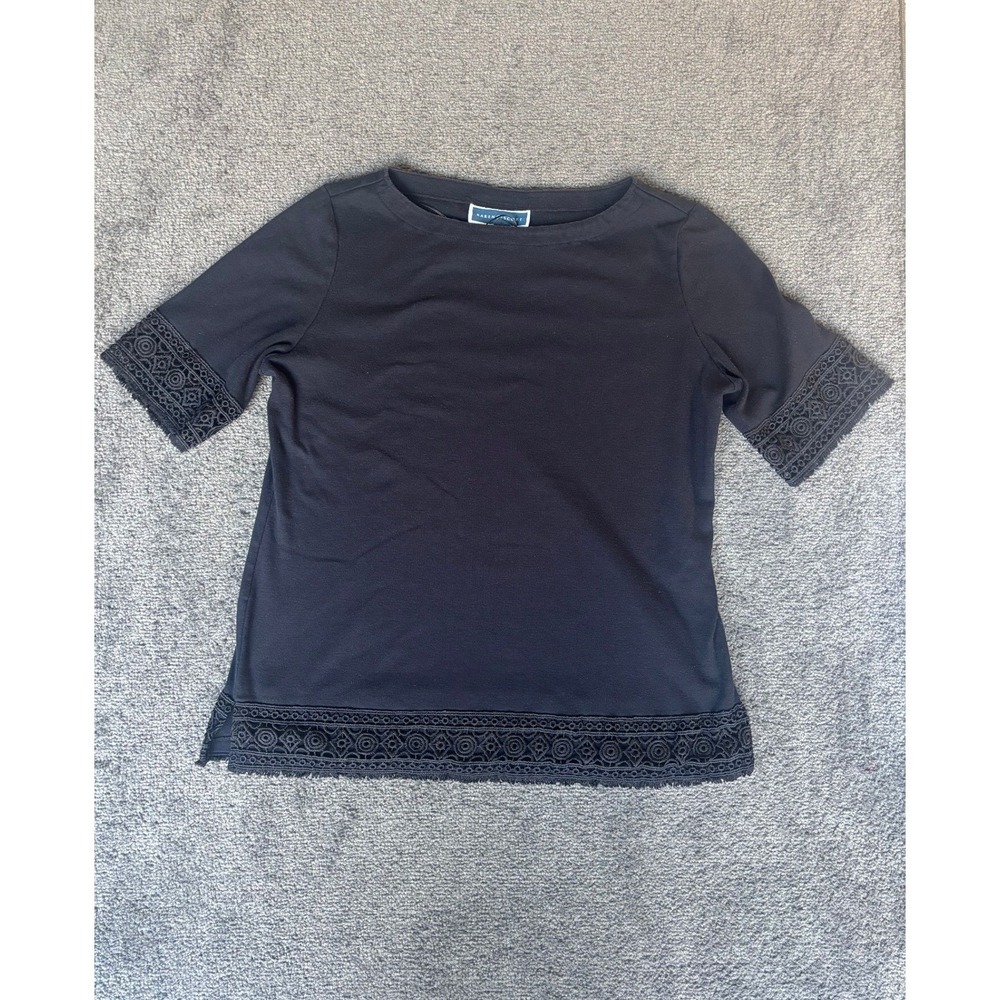 Karen Scott Womens L Black Cotton Boat Neck Top Crochet Lace Trim Short Sleeve